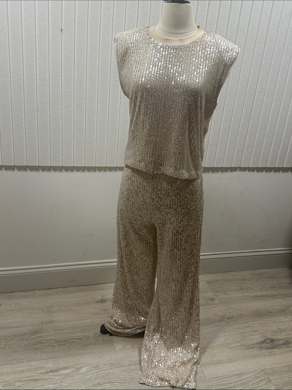 Sleeveless Sequin Wide-Leg Jumpsuit - Champagne